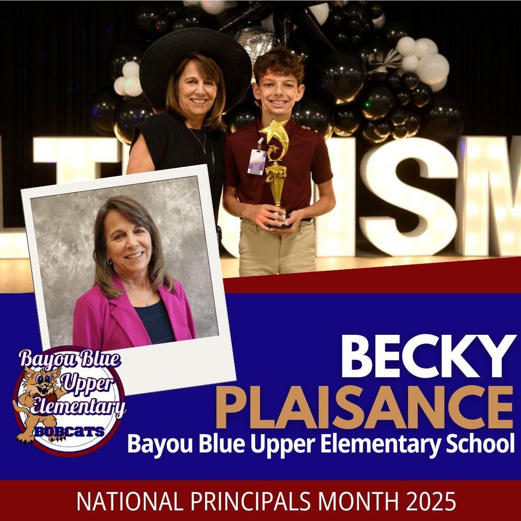 A blue and maroon graphic containing a headshot of principal Becky Plaisance and a photo of her with a male student.