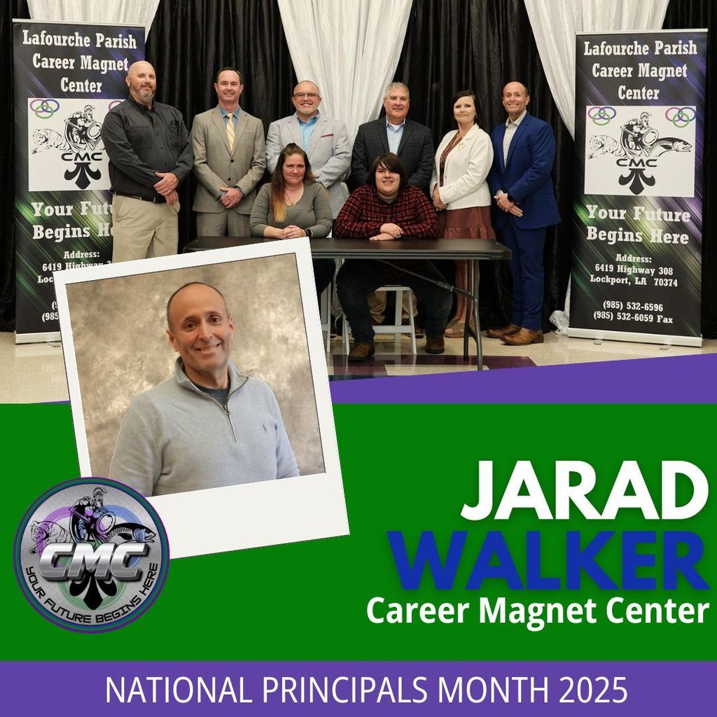 A purple, blue nad green graphic with a  headshot of principal Jarad Walker and a photo of him with a student and other staff at the annual apprenticeship signing.