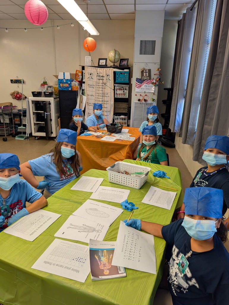Students sit around tables with anatomy worksheets .