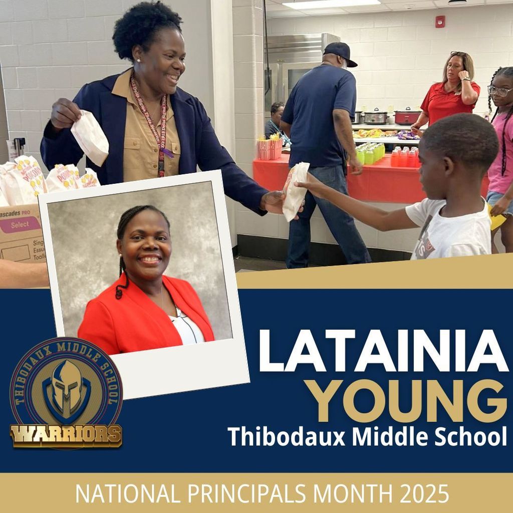 Blue and gold graphic with a headshot of  TMS principal. Latainia Young and a photo of her handing  a bag of popcorn to a student.