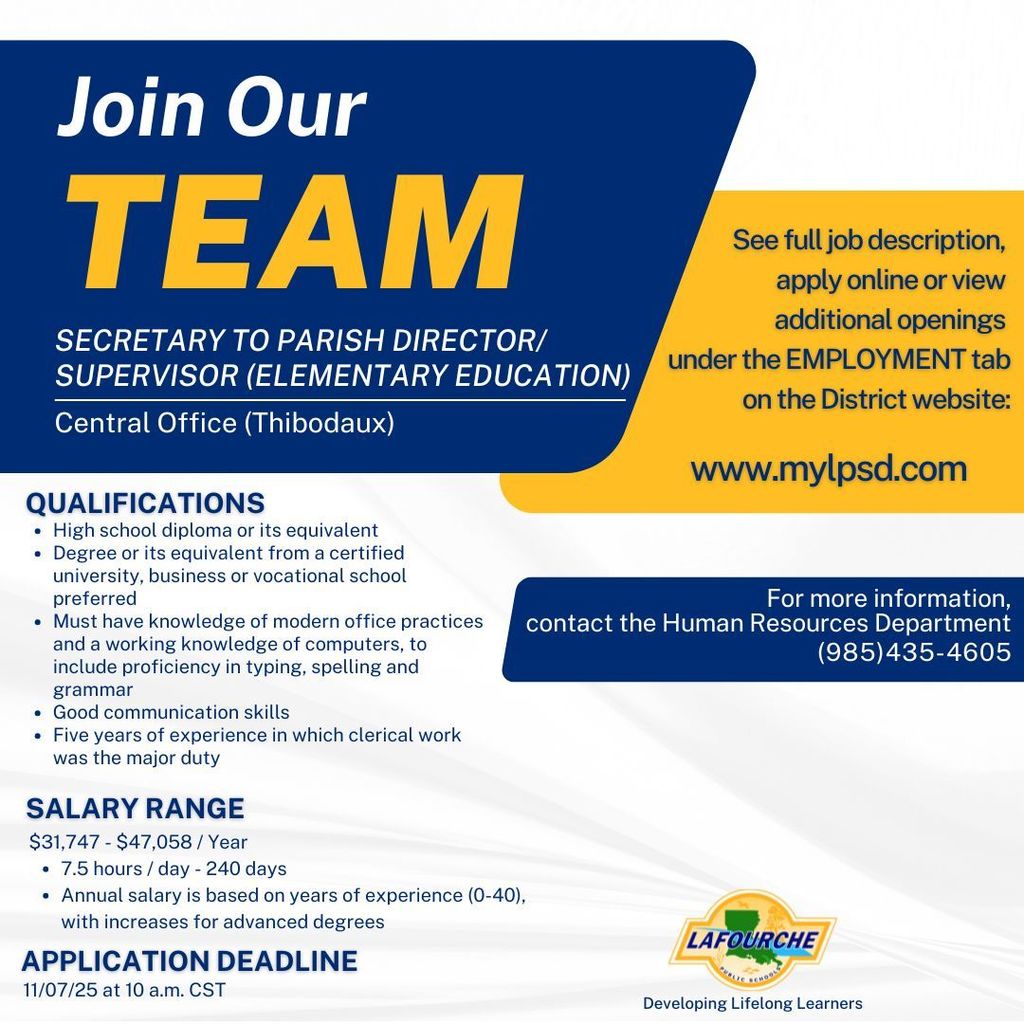 Job posting for the position of Secretary to Parish Director/Supervisor (Elementary Education)