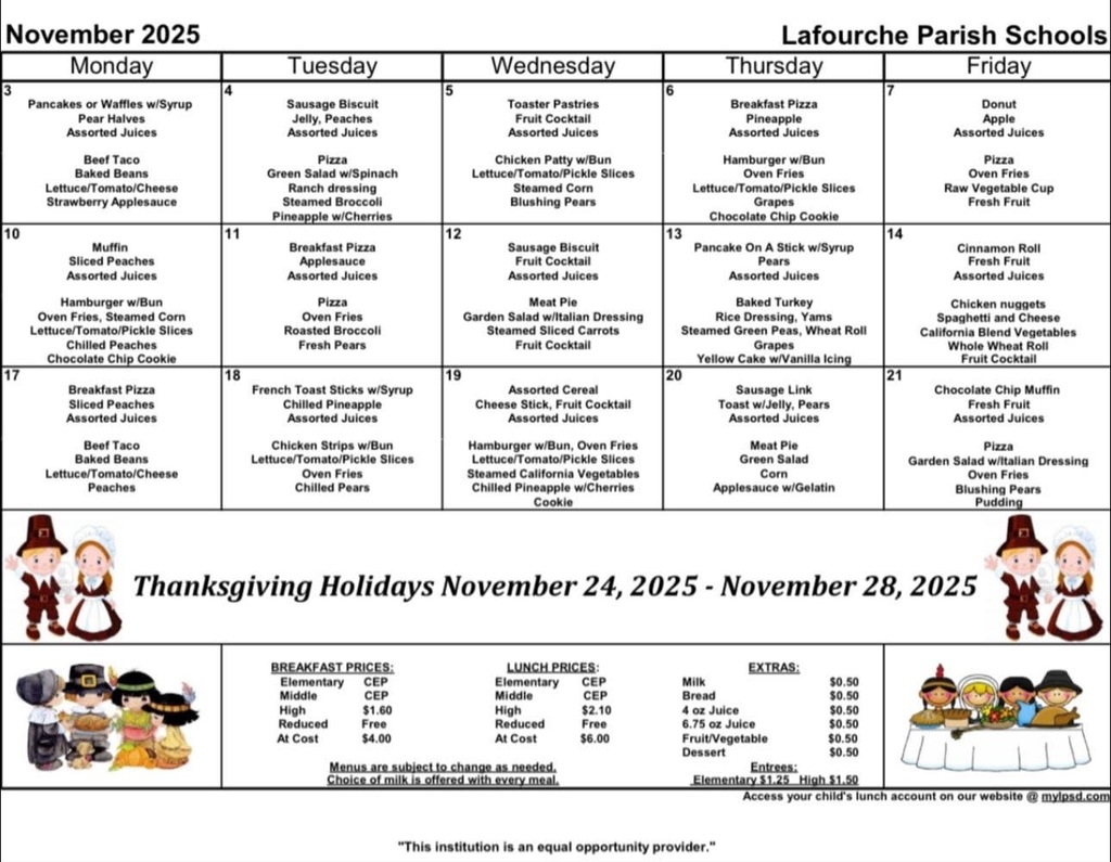 November breakfast and lunch menu