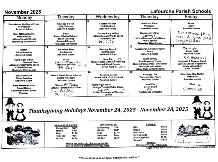 November cafeteria menu