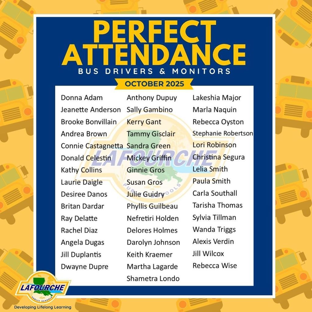 Graphic containing the list of all LPSD bus drivers and monitors with perfect attendance for the month of October 2025.