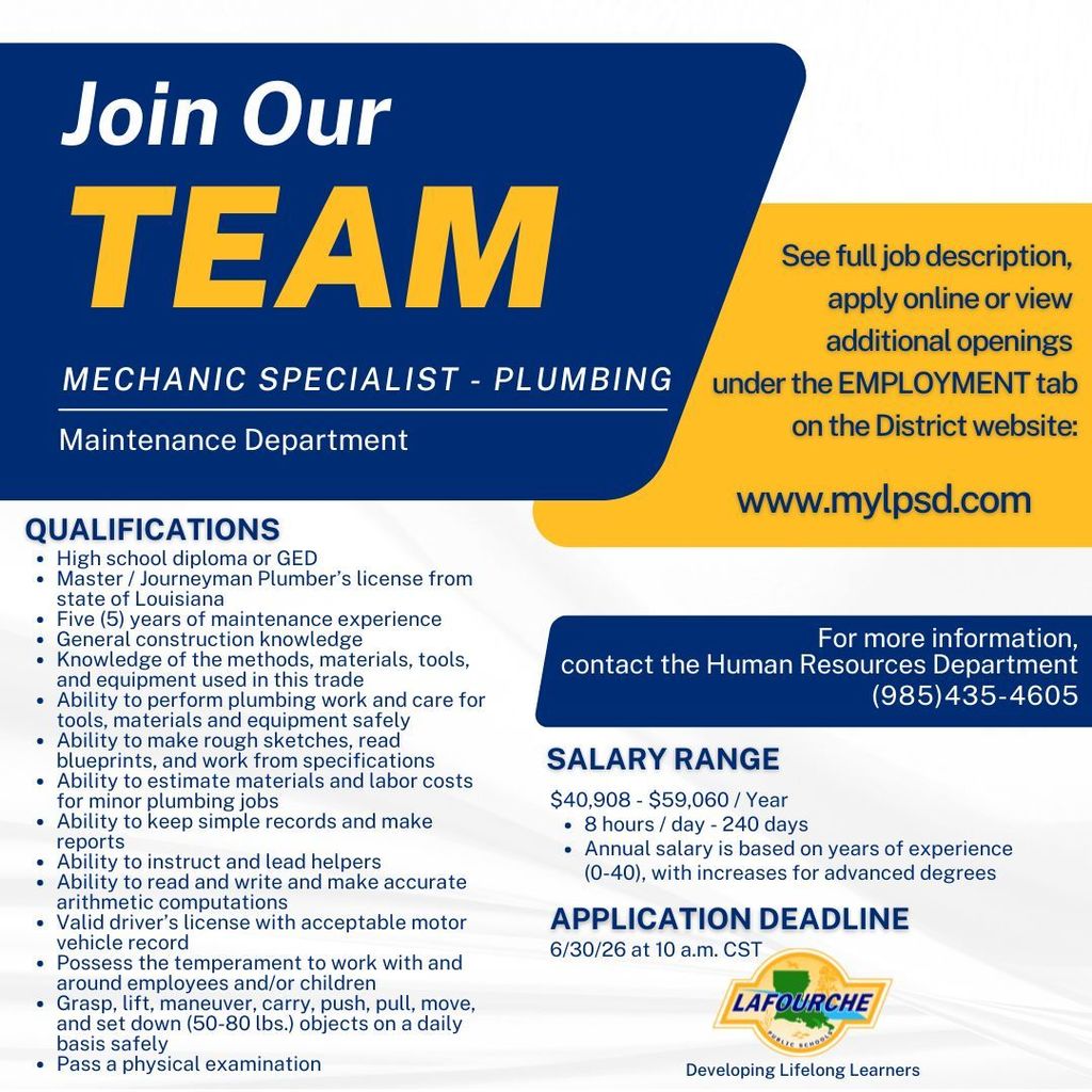 Job posting for the Mechanic Specialist -Plumbing position in the maintenance department