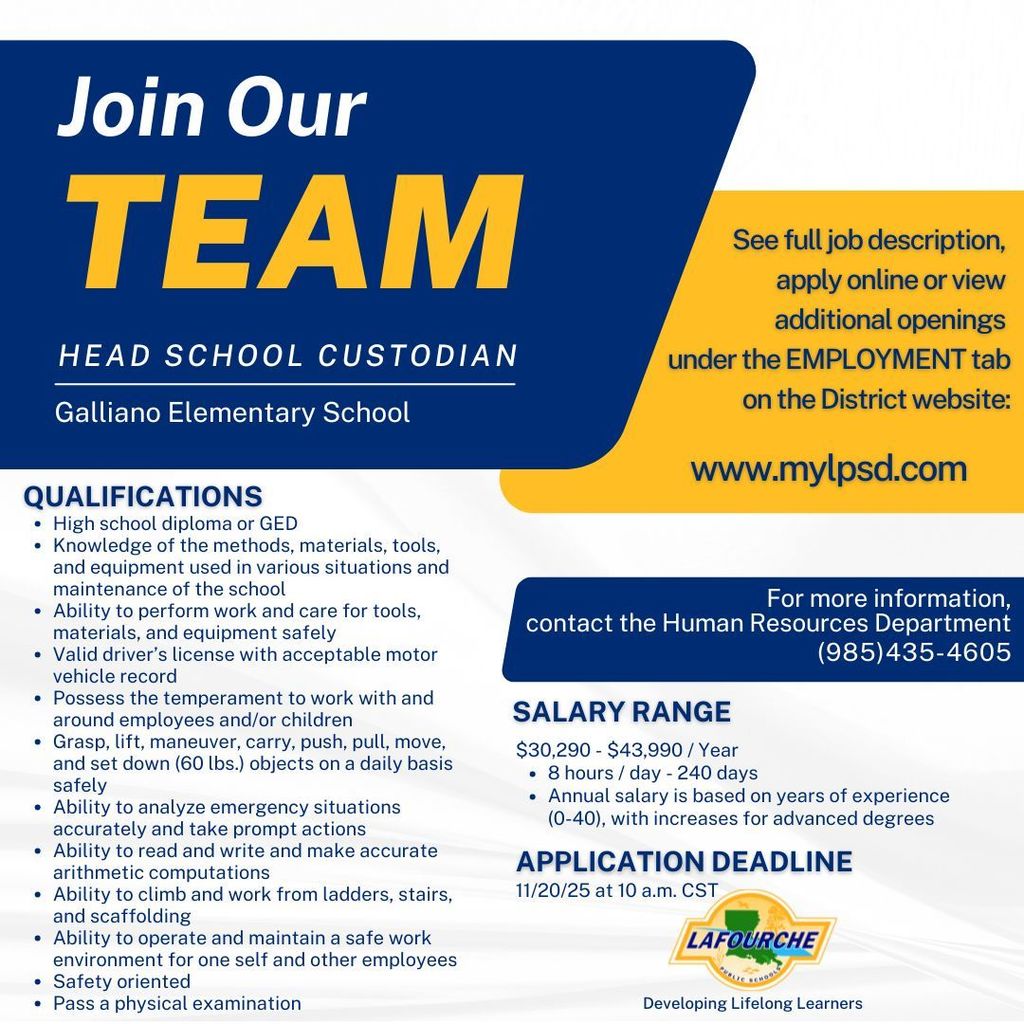 Head School Custodian Job Posting