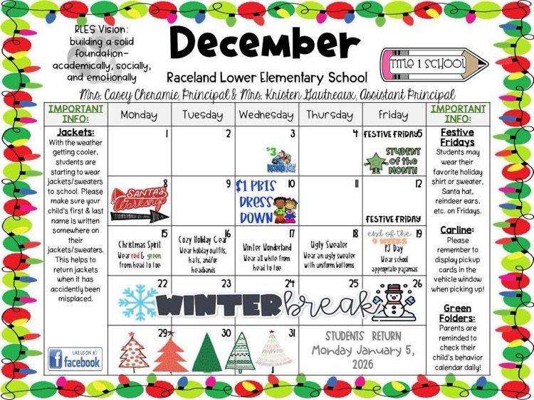 December calendar with monthly school events