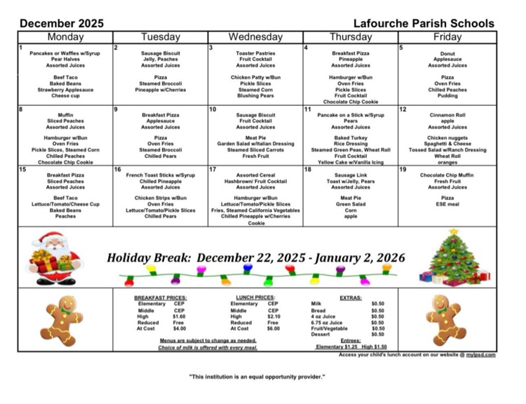 December menu with daily breakfast and lunch