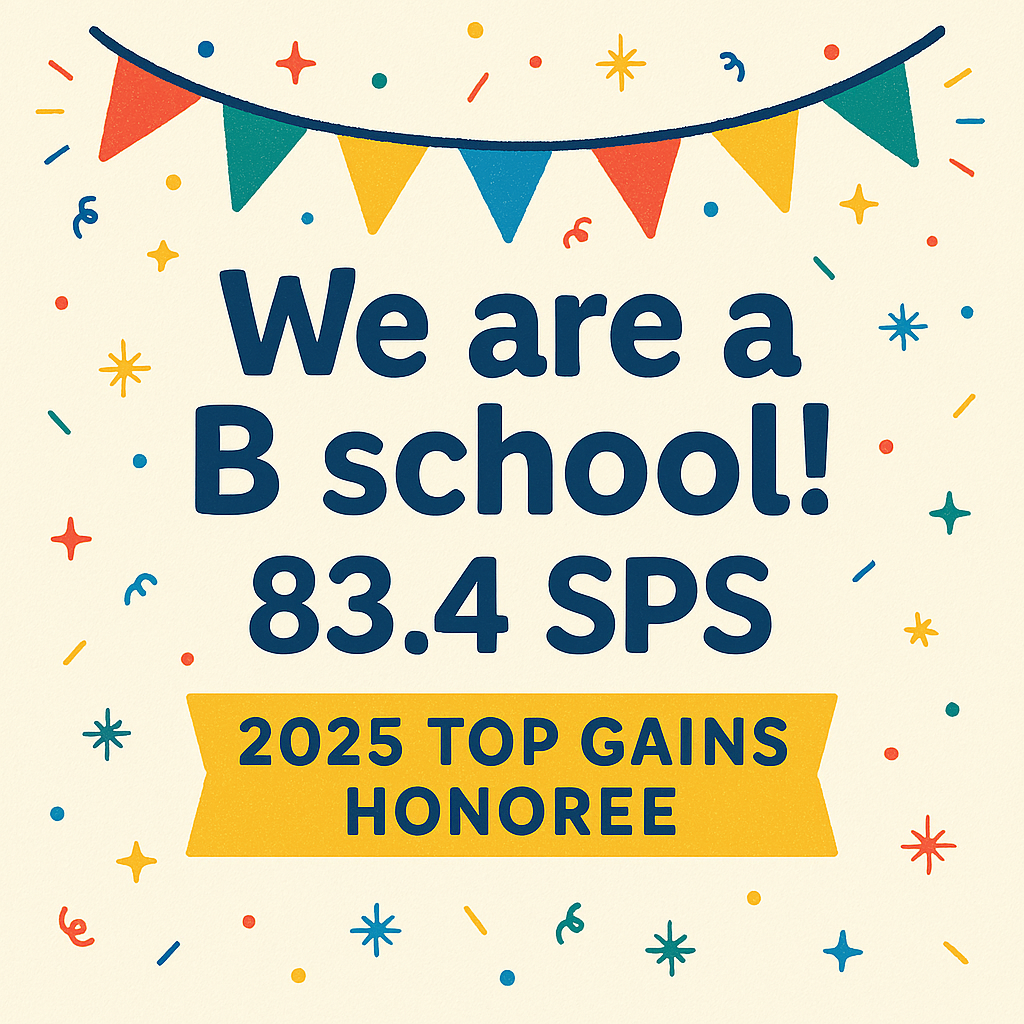 Celebratory graphic with colorful confetti and triangular pennant banner at the top. Large bold text reads: 'We are a B school! 83.4 SPS.' Below, a yellow ribbon-shaped banner says: '2025 Top Gains Honoree.' Background is light with scattered stars and shapes.