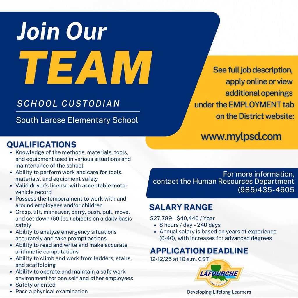 South Larose Elementary School School Custodian job posting