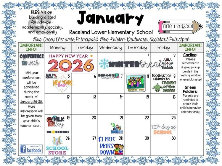 January calendar with dates of events for the month