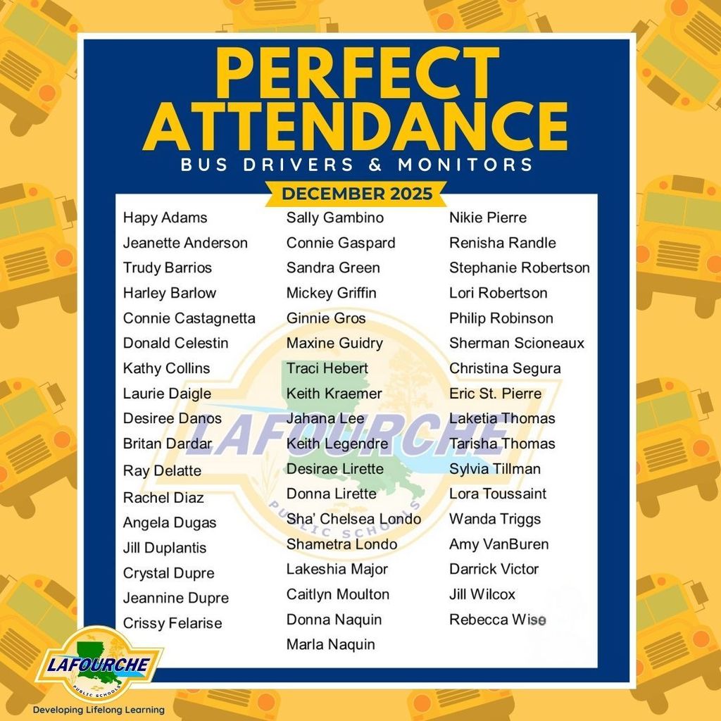 List of bus drivers and monitors with perfect attendance for the month of December 2025.