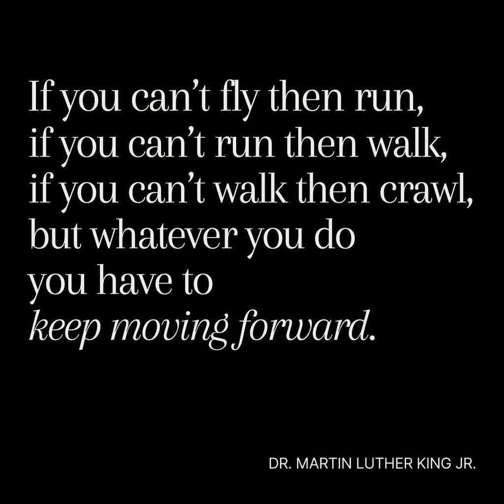A black background with the following quote: “If you can’t fly then run, if you can’t run then walk, if you can’t walk then crawl, but whatever you do you have to keep moving forward.” — Dr. Martin Luther King Jr. 