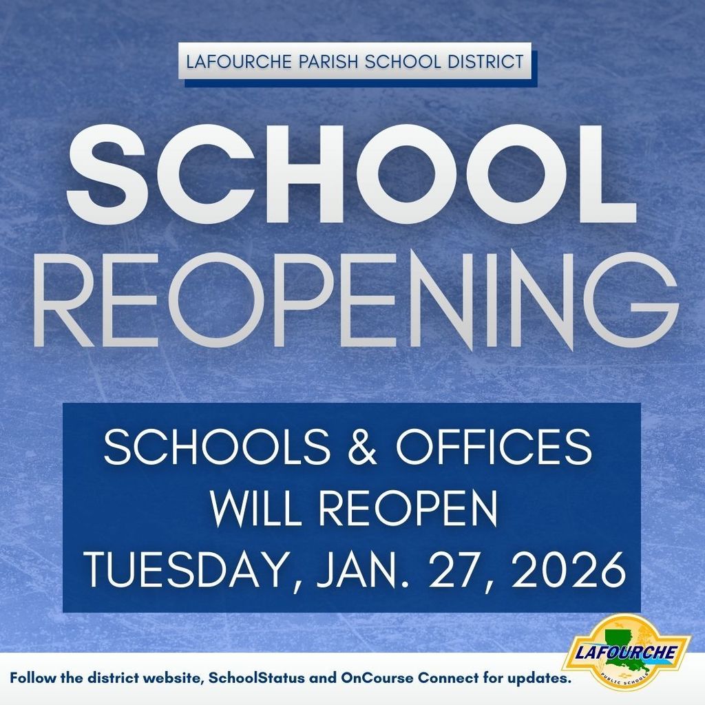 Blue background with the message "School reopening: Schools and offices will reopen Tuesday, Jan. 27, 2026"