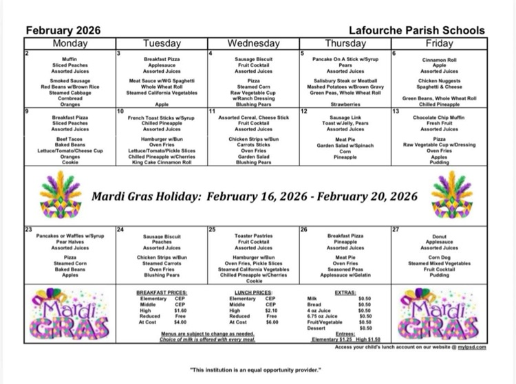 February daily breakfast and lunch menu 