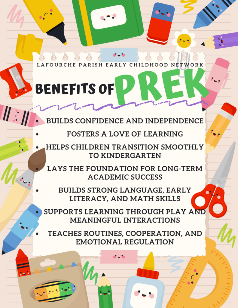 Colorful illustrated flyer titled ‘Benefits of Pre‑K,’ surrounded by smiling cartoon school supplies such as crayons, pencils, scissors, glue, and markers. The center section lists multiple benefits of Pre‑K in black text on a white notepad-style background.