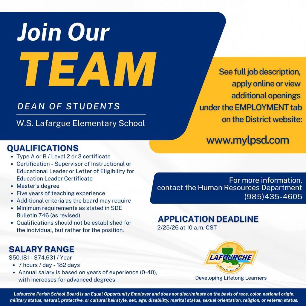 Hiring announcement for a Dean of Students at W.S. Lafargue Elementary School within the Lafourche Parish School Board. Application deadline is February 25, 2026.