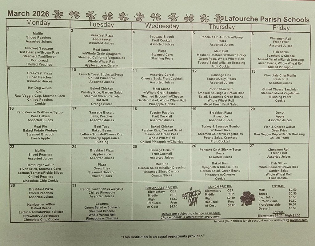 March 2026 Lunch Menu