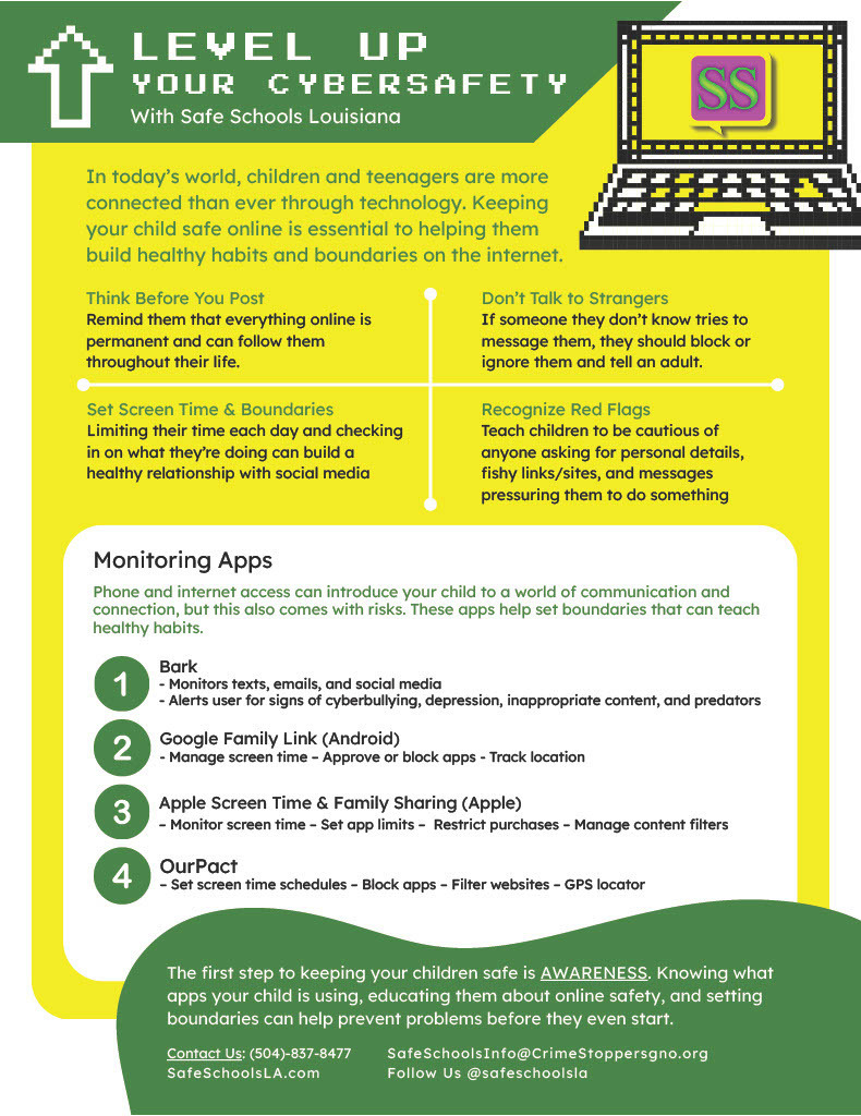 An educational infographic titled "Level Up Your Cybersafety with Safe Schools Louisiana" that provides tips for parents on keeping children safe online. The graphic includes four key safety strategies and a list of recommended monitoring apps.
