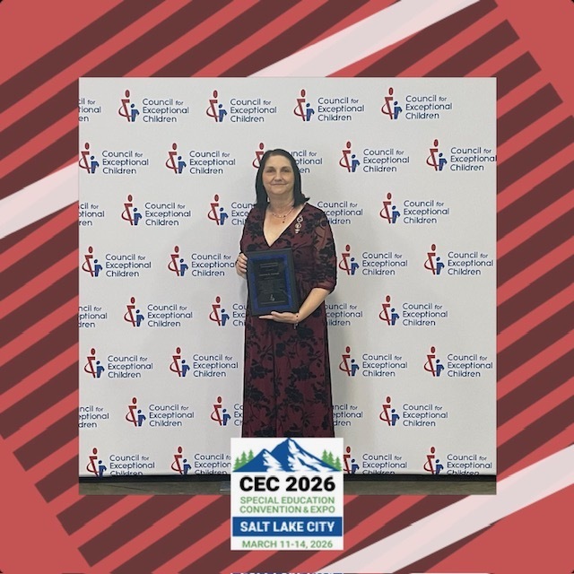 Louanna B. Esponge stands holding her award in front of a white step-and-repeat backdrop featuring the "Council for Exceptional Children" logo. She is wearing a dark red floral dress. At the bottom of the image, an event graphic reads "CEC 2026 Special Education Convention & Expo, Salt Lake City, March 11-14, 2026." The photo is framed by a decorative red and white striped border.