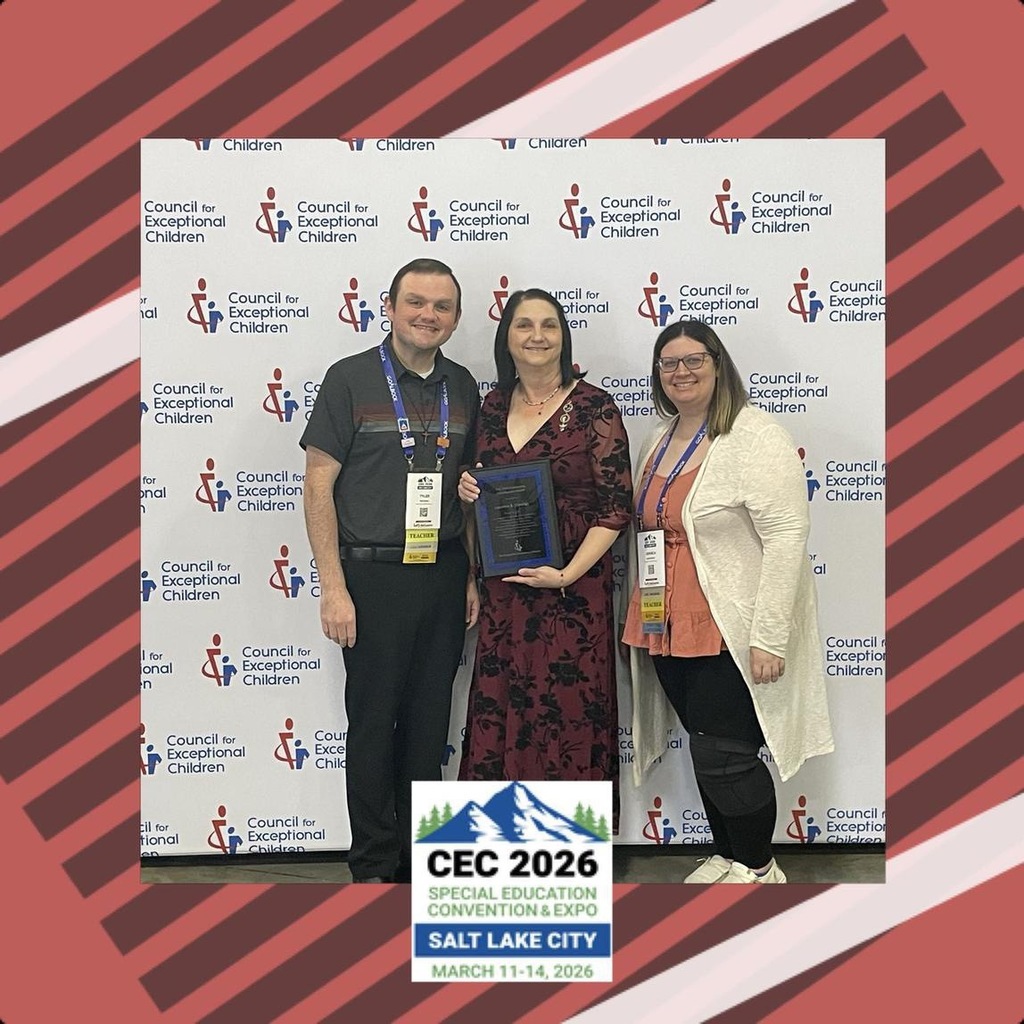 Louanna B. Esponge, holding her Outstanding Paraeducator Award, stands between two colleagues in front of a Council for Exceptional Children step-and-repeat backdrop. To her left is a man in a grey polo shirt and black trousers, and to her right is a woman in a peach top and cream cardigan; both wear convention lanyards. The photo features a red striped border and a logo at the bottom for the CEC 2026 Special Education Convention & Expo in Salt Lake City.