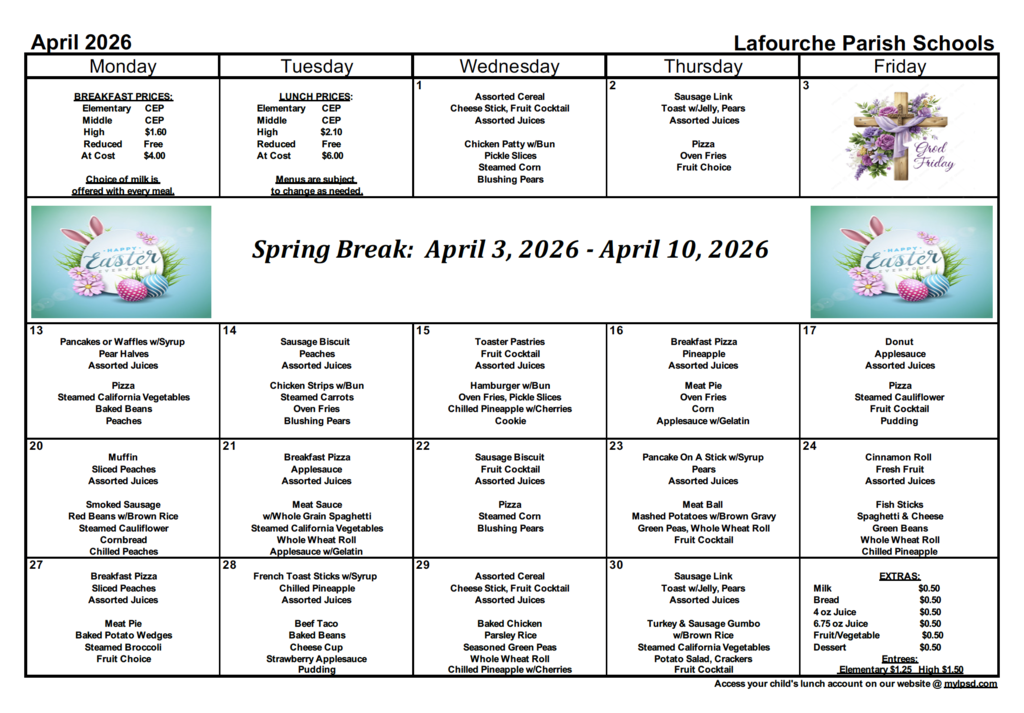 April School Lunch Menu Calendar