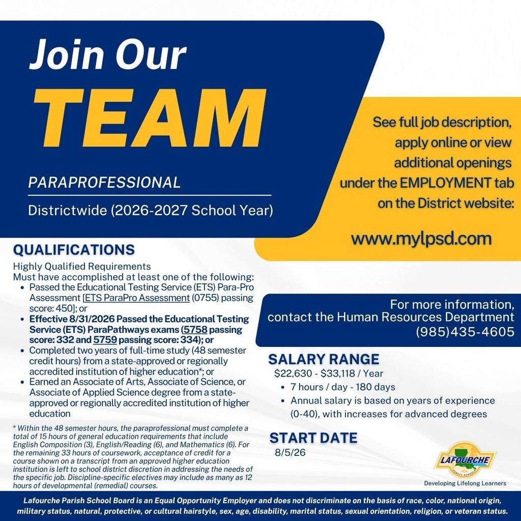 A recruitment graphic titled "Join Our TEAM" for a Spanish Teacher position at Central Lafourche High School and South Lafourche High School. The top left features a dark blue wave with the title in white and yellow. Below, a section lists qualifications including a Louisiana Teacher Certificate, fluency in Spanish, and teaching experience. The bottom left specifies a salary range of $48,011 - $71,281 per year. The right side has a yellow background directing applicants to www.mylpsd.com and provides the Human Resources contact number: (985) 435-4605. The application deadline is 4/20/26 at 10 a.m. CST, with a start date for the 2026-2027 session. The bottom includes the Lafourche Parish Public Schools logo and an Equal Opportunity Employer statement.