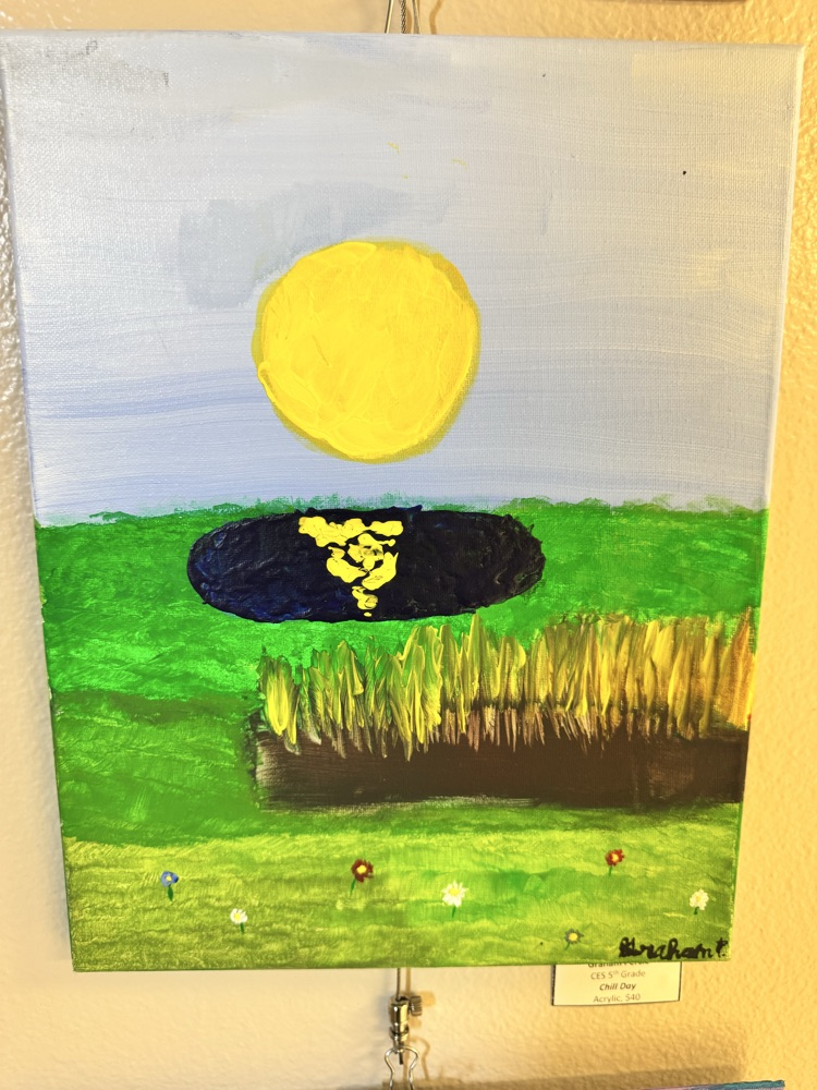 Artwork of field with sun and pond