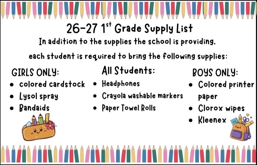 1st grade supply list