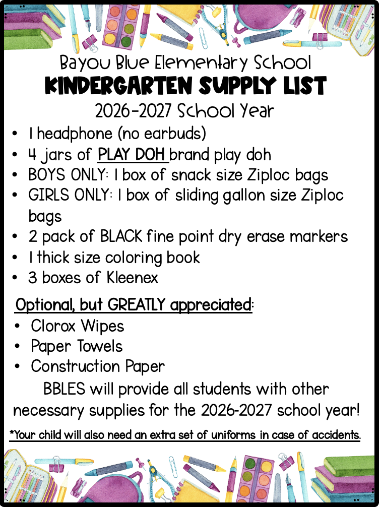 Kindergarten supply list