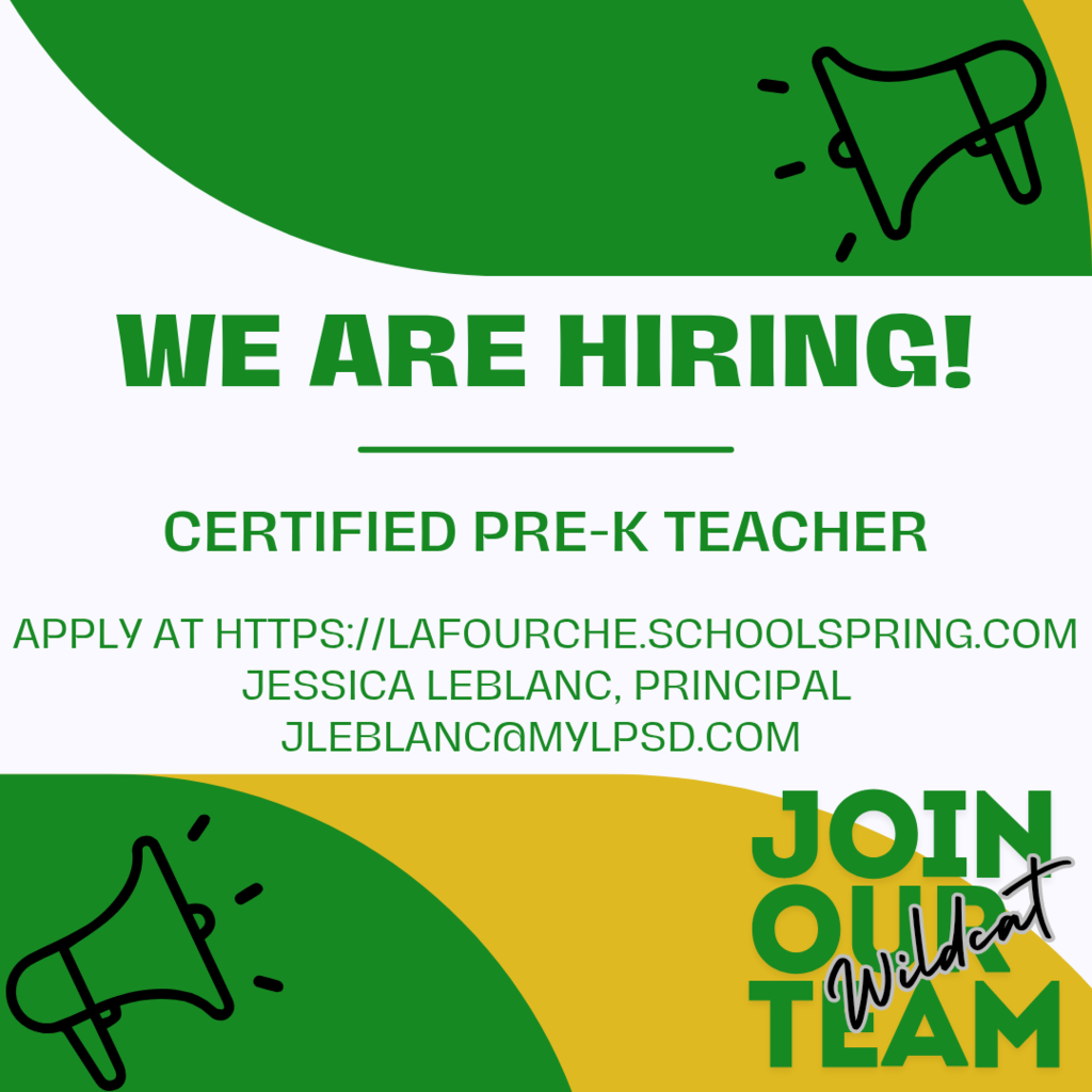 SCES is hiring! Apply for our Certified Pre-K Teacher position at https://lafourche.schoolspring.com and email Jessica LeBlanc, Principal, at jleblanc@mylpsd.com