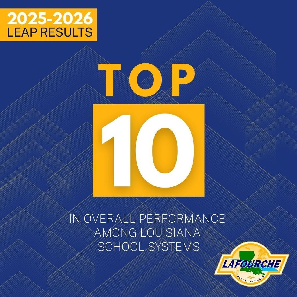 An celebratory academic graphic from Lafourche Parish Schools. The background is dark blue with thin, repeating geometric chevron lines. In the top left corner, a yellow rectangular banner reads "2025-2026 LEAP RESULTS" in white and blue text.  Centered in the middle of the image is the word "TOP" in large yellow capital letters, positioned directly above a solid yellow square containing a large white number "10." Below the square, white text reads "IN OVERALL PERFORMANCE AMONG LOUISIANA SCHOOL SYSTEMS."  In the bottom right corner sits the Lafourche Public Schools logo, which features a green map outline of Louisiana inside a yellow and white emblem.