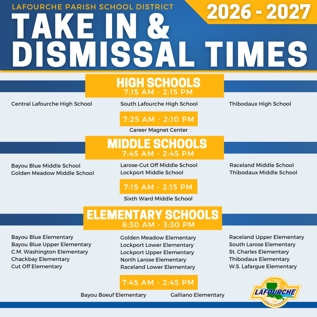 Here is an alt text description for the graphic:  Alt Text: An informational graphic from the Lafourche Parish School District detailing the "Take In & Dismissal Times" for the 2026–2027 school year. The graphic is color-coded in blue and yellow and categorizes schools by grade level:  High Schools (7:15 AM – 2:15 PM): Central Lafourche High School, South Lafourche High School, and Thibodaux High School.  Exception: Career Magnet Center operates from 7:25 AM – 2:10 PM.  Middle Schools (7:45 AM – 2:45 PM): Bayou Blue Middle School, Golden Meadow Middle School, Larose-Cut Off Middle School, Lockport Middle School, Raceland Middle School, and Thibodaux Middle School.  Exception: Sixth Ward Middle School operates from 7:15 AM – 2:15 PM.  Elementary Schools (8:30 AM – 3:30 PM): Bayou Blue Elementary, Bayou Blue Upper Elementary, C.M. Washington Elementary, Chackbay Elementary, Cut Off Elementary, Golden Meadow Elementary, Lockport Lower Elementary, Lockport Upper Elementary, North Larose Elementary, Raceland Lower Elementary, Raceland Upper Elementary, South Larose Elementary, St. Charles Elementary, Thibodaux Elementary, and W.S. Lafargue Elementary.  Exceptions: Bayou Boeuf Elementary and Galliano Elementary operate from 7:45 AM – 2:45 PM.  The Lafourche Public Schools logo is located in the bottom right corner.