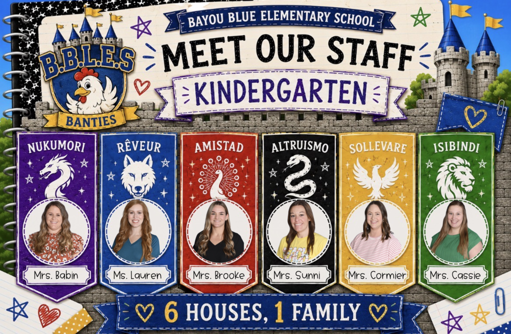 Promotional graphic for Bayou Blue Elementary School's "Meet Our Staff" series featuring the Kindergarten team. The design has a notebook and castle theme with the school's B.B.L.E.S. Banties crest in the upper left corner and the title "Meet Our Staff – Kindergarten" across the top. Six colorful banners represent the school's houses: Nukumori (purple dragon), Rêveur (blue wolf), Amistad (red peacock), Altruismo (black serpent), Sollevare (gold phoenix), and Isibindi (green lion). Each banner includes a staff portrait and name: Mrs. Babin, Ms. Lauren, Mrs. Brooke, Mrs. Sunni, Mrs. Cormier, and Mrs. Cassie. A blue banner along the bottom reads, "6 Houses, 1 Family." The background features castle walls, towers, stars, hearts, and school-themed doodles in the school's blue and gold colors.Provide your feedback on BizChatMake alt text for the Pre-K postCreate alt text for the 1st grade postWrite alt text for the 2nd grade post