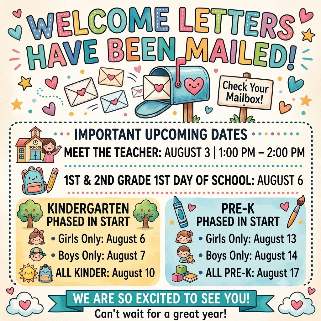 Colorful illustrated announcement titled "WELCOME LETTERS HAVE BEEN MAILED!" with a mailbox and envelopes. It details important upcoming school dates:  • Meet the Teacher: August 3 | 1:00 PM – 2:00 PM  • 1st & 2nd Grade 1st Day of School: August 6  • Kindergarten Phased In Start: Girls Only: August 6 | Boys Only: August 7 | ALL KINDER: August 10  • Pre-K Phased In Start: Girls Only: August 13 | Boys Only: August 14 | ALL PRE-K: August 17  Bottom banner reads: "WE ARE SO EXCITED TO SEE YOU! Can't wait for a great year!"