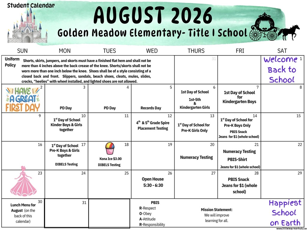 August 2026 Student Calendar