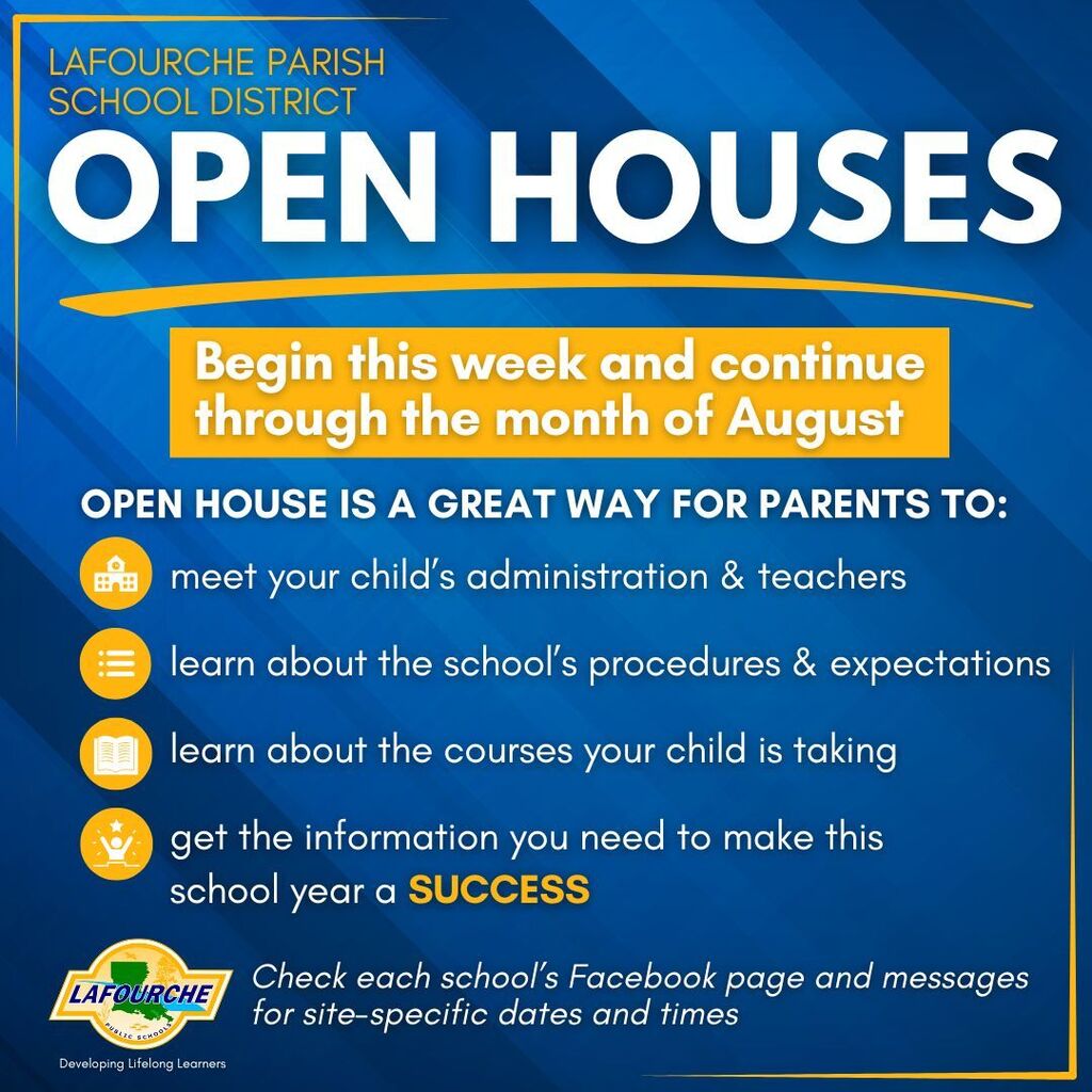 An informational graphic from Lafourche Parish School District about upcoming Open Houses. Header: "Lafourche Parish School District OPEN HOUSES" Schedule Banner: "Begin this week and continue through the month of August" Main Text: "OPEN HOUSE IS A GREAT WAY FOR PARENTS TO:" Meet your child's administration & teachers Learn about the school's procedures & expectations Learn about the courses your child is taking Get the information you need to make this school year a SUCCESS Footer: Features the Lafourche Public Schools logo ("Developing Lifelong Learners") and reads: "Check each school's Facebook page and messages for site-specific dates and times."