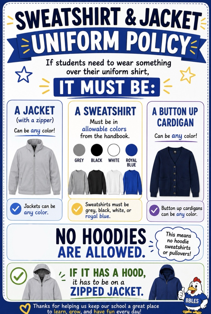 school sweatshirt and jacket policy. no hoodie, only school color sweaters, zippered jackets, and button up cardigans .