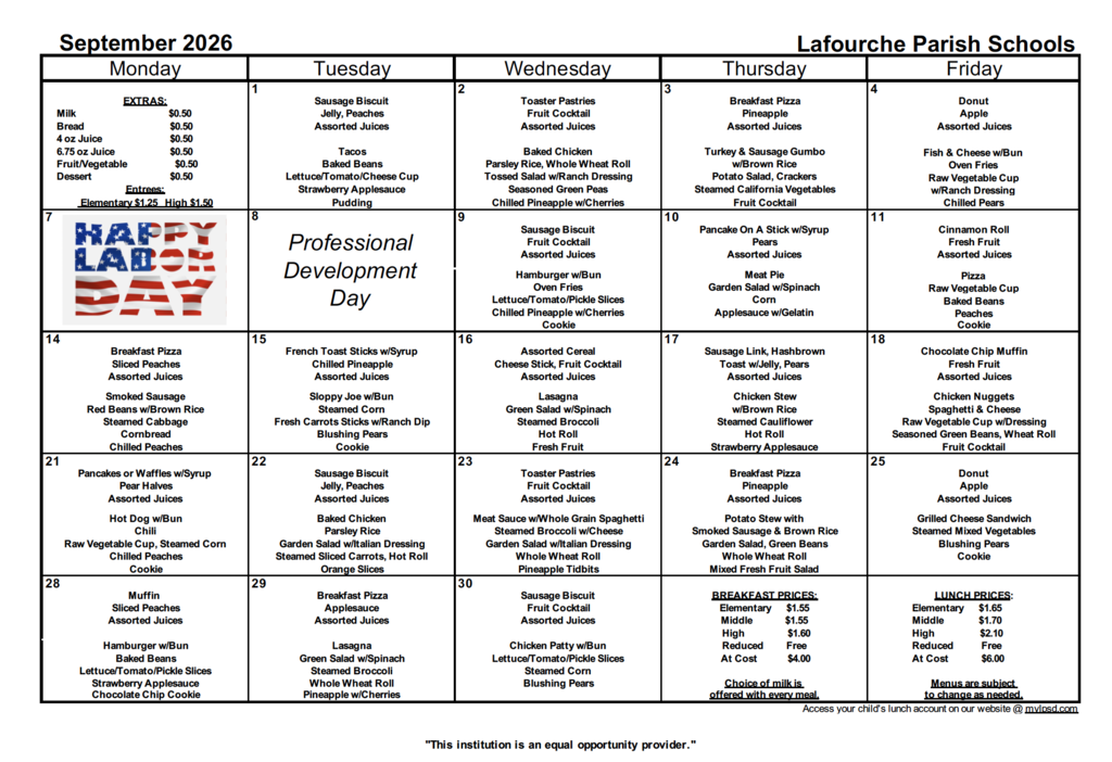 Sept. School Lunch Menu