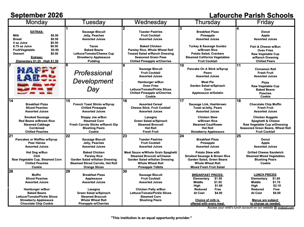September Lunch and Breakfast Menu