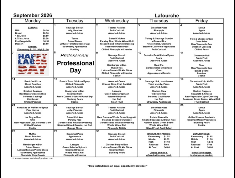 September Lunch Menu