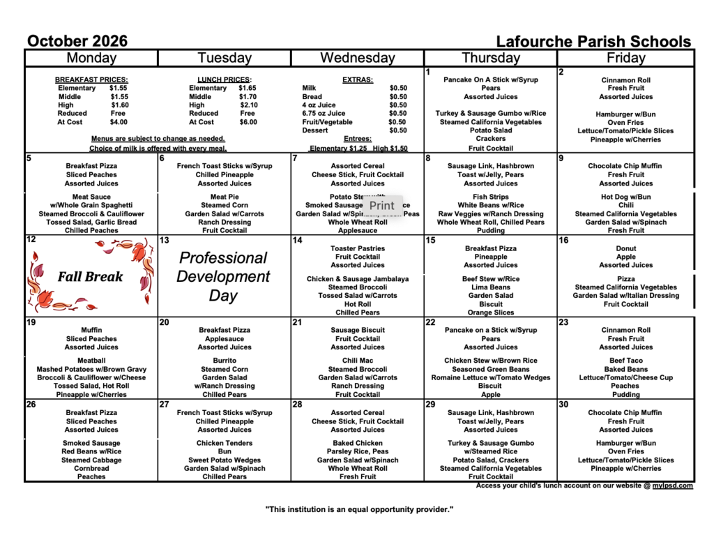 Oct menu
