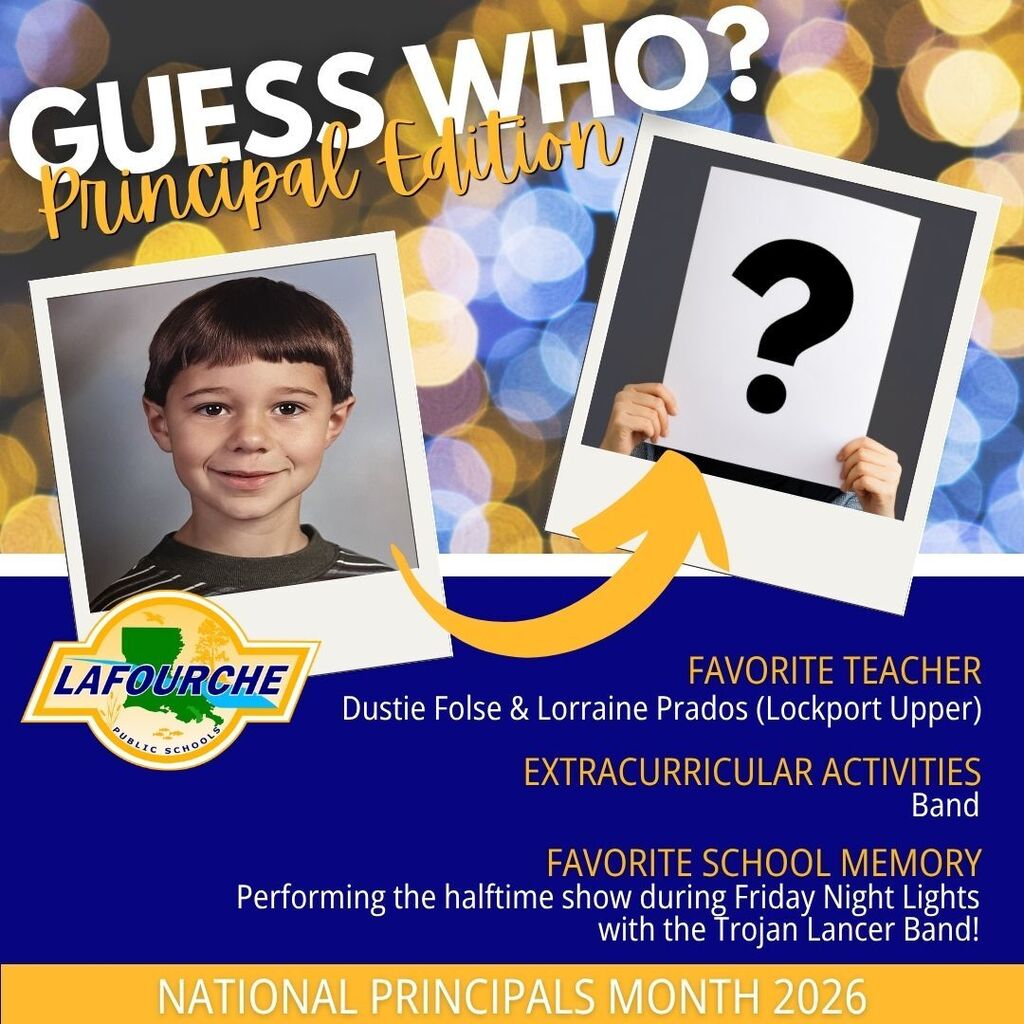 Advertisement with a photo of a smiling boy. Text reads "Guess Who?" and "Principal Edition." Arrow points to a photo of someone holding a sign with a question mark.