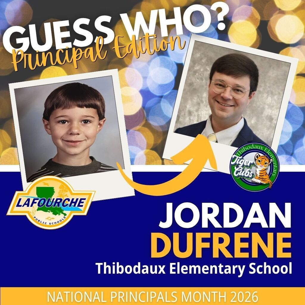 Poster with two photos, one of a boy and one of a man, with arrow pointing to the man. Text reads "Guess Who? Principal Edition".