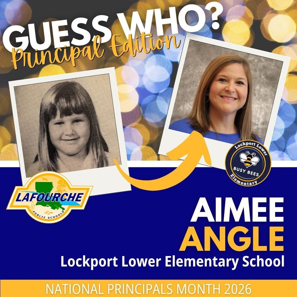 Poster shows two photos: a child and a woman. The text reads "Guess Who? Principal Edition" with arrow pointing to adult photo.