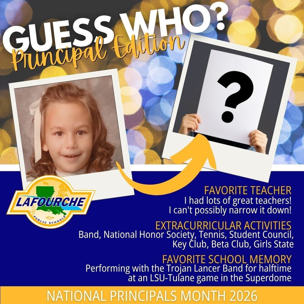Blue poster with a photo of a young girl, a question mark, and text about a guessing game.