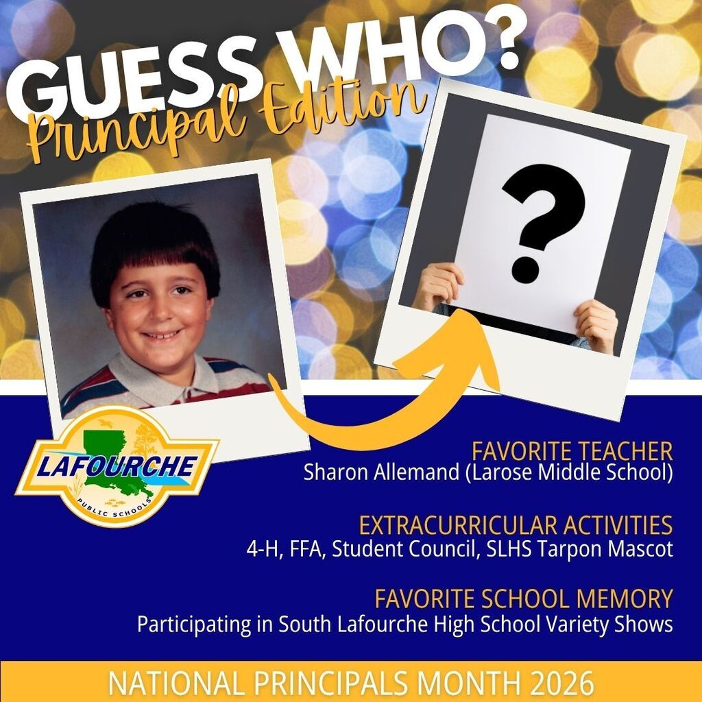 Poster with a photo, question mark, and arrow pointing to text. Photo of a smiling boy. Text reads, "Guess who? Principal Edition."