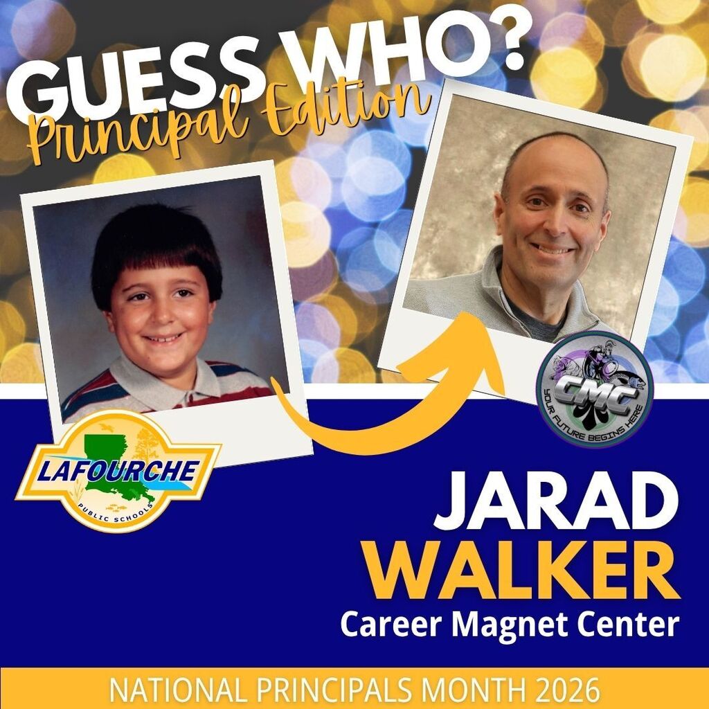 Two photos, one of a young boy and one of a man, both smiling. Text reads "Guess Who? Principal Edition."