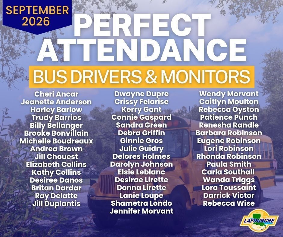 Text on a blue background displays "Perfect Attendance September 2026" above a list of names under "Bus Drivers & Monitors".