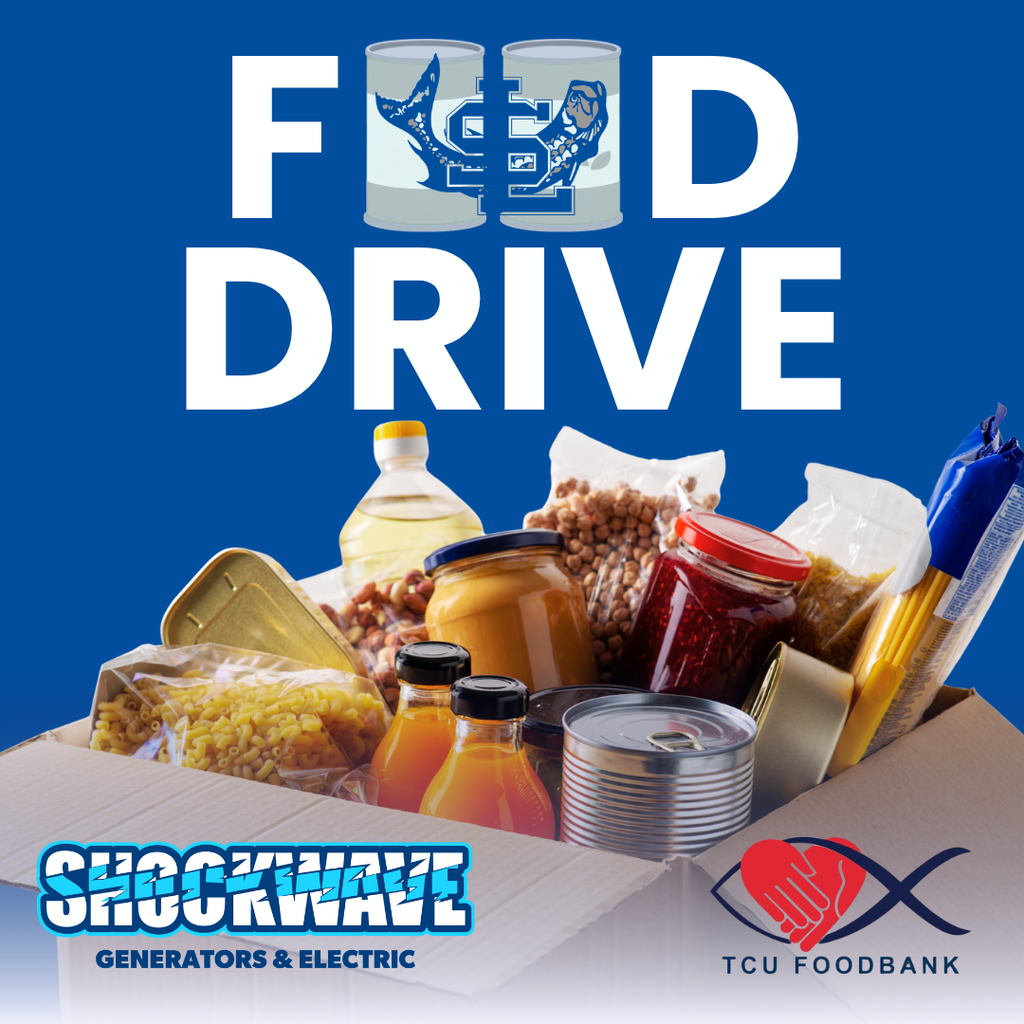 Blue background with "FED DRIVE" text. Box full of food items like canned goods, bottles, and packaged items.